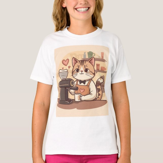 Cute Funny Cartoon Barista Cat Kid's T-shirt (Frente)