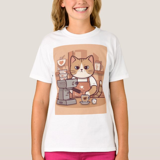 Cute Funny Cartoon Barista Cat Kid's T-shirt (Frente)