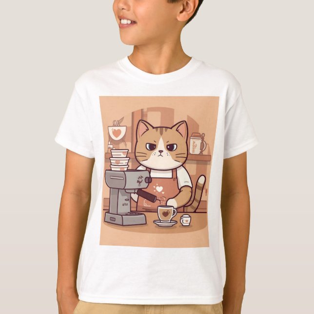 Cute Funny Cartoon Barista Cat Kid's T-shirt (Frente)