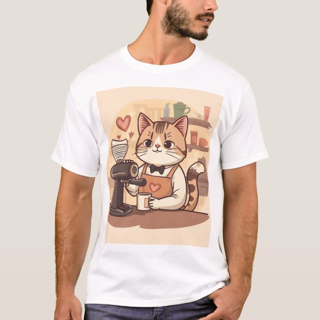 Cute Funny Cozy Barista Cat & Coffee T-shirt (Frente)