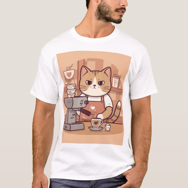 Cute Funny Cozy Barista Cat & Coffee T-shirt (Frente)