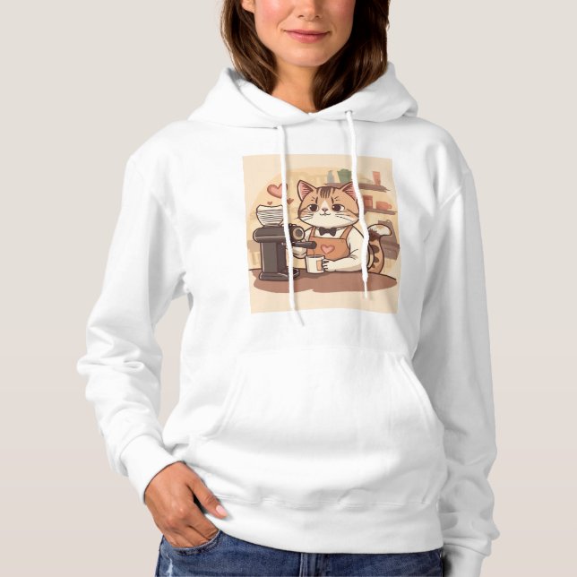 Cute Funny Cozy Barista Cat Hoodie T-shirt (Frente)