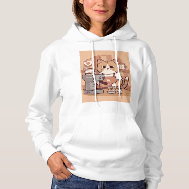 Cute Funny Cozy Barista Cat Hoodie T-shirt (Frente)