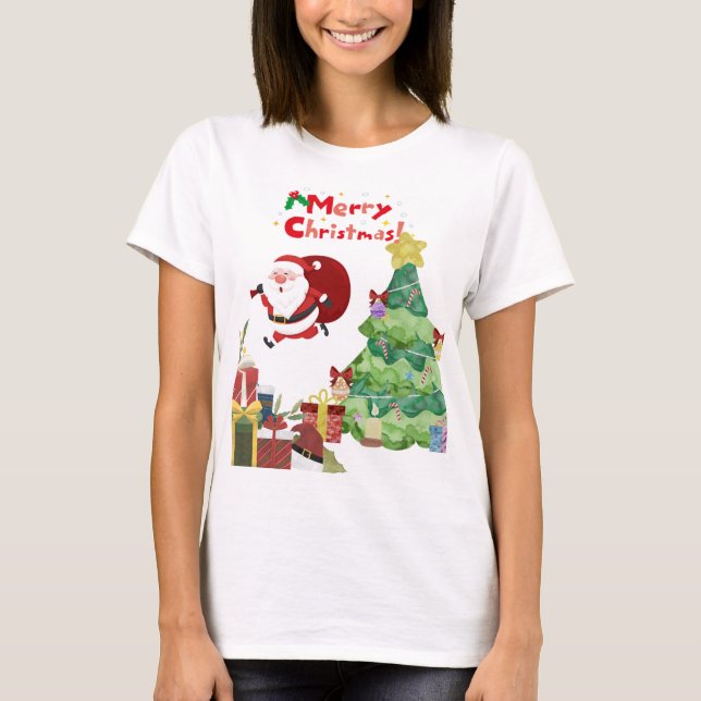 Cute & Funny Santa & Christmas Tree T-Shirt (Frente)