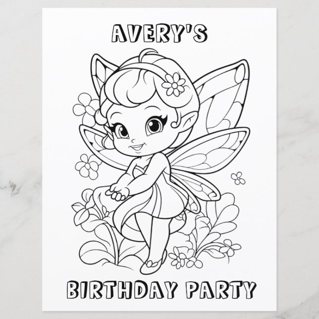 Cute garden fairy birthday coloring activity  (Frente)