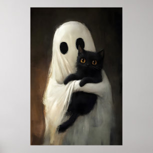 Cute Ghost Abraça Impressão de Gato Preto, Hallowe