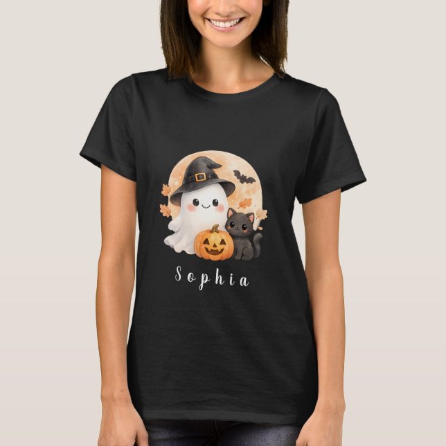 Cute Ghost & Black Cat Halloween Women's T-Shirt (Frente)