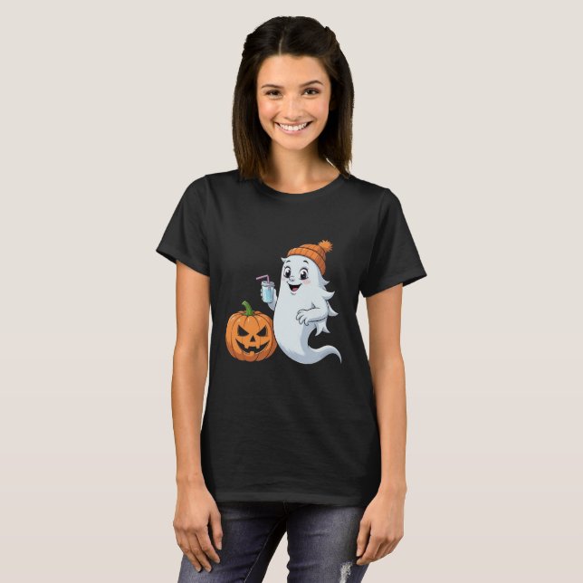 Cute Ghost & Pumpkin Halloween T-Shirt (Frente Completa)