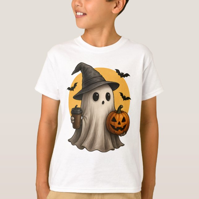 Cute Ghost with Pumpkin Halloween T-Shirt 👻 (Frente)