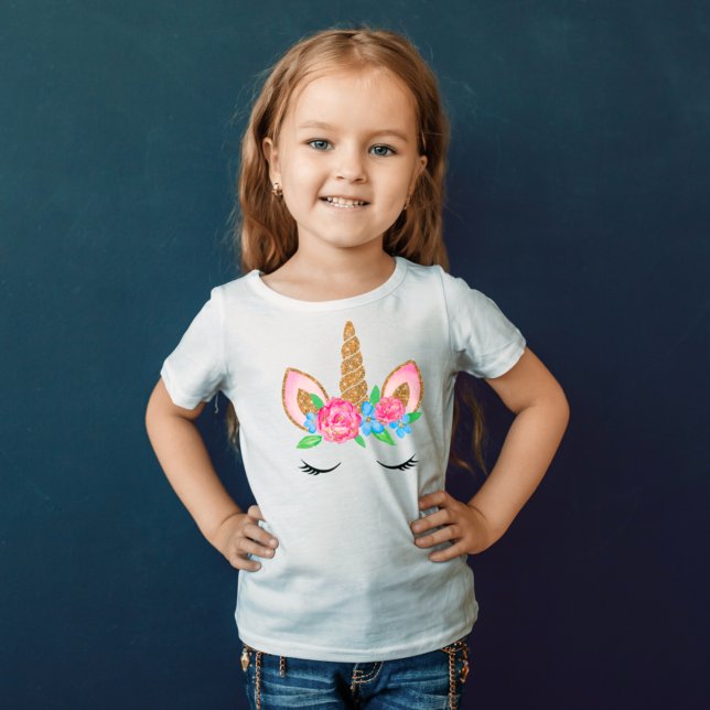 Cute Gold Glitter Unicorn Floral T-Shirt (Cute Gold Glitter Unicorn Floral T-Shirt)