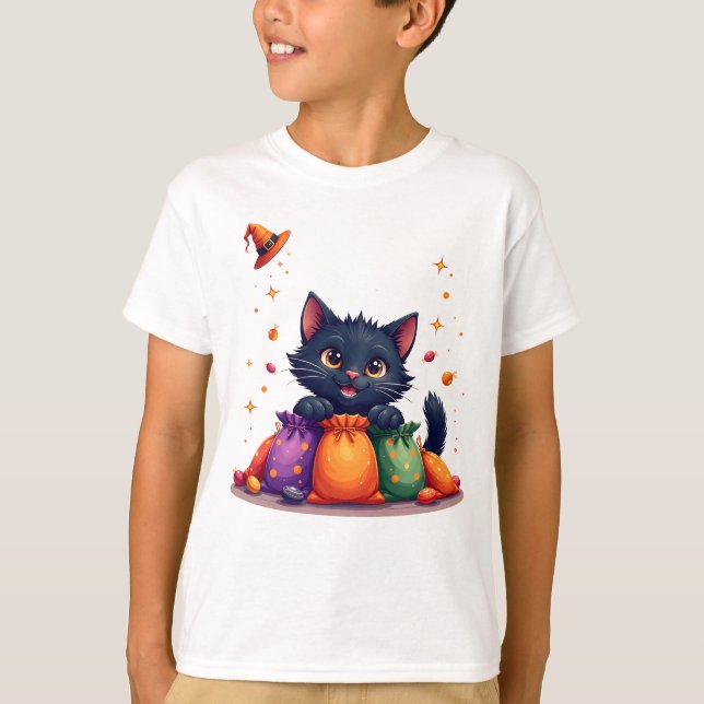 Cute halloween black kitten t-shirt (Frente)