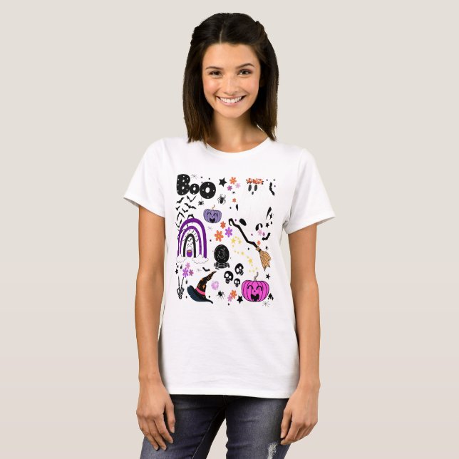 Cute Halloween Characters T-Shirt (Frente Completa)