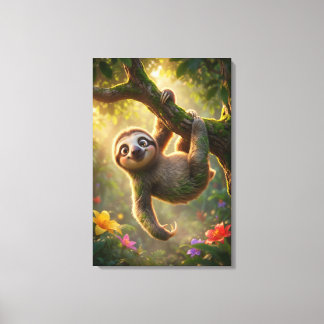 Cute Hanging Sloth 3D Cartoon Jungle Canvas Print