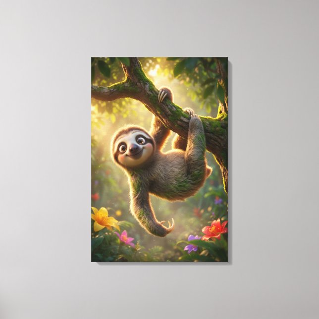 Cute Hanging Sloth 3D Cartoon Jungle Canvas Print (Frente)