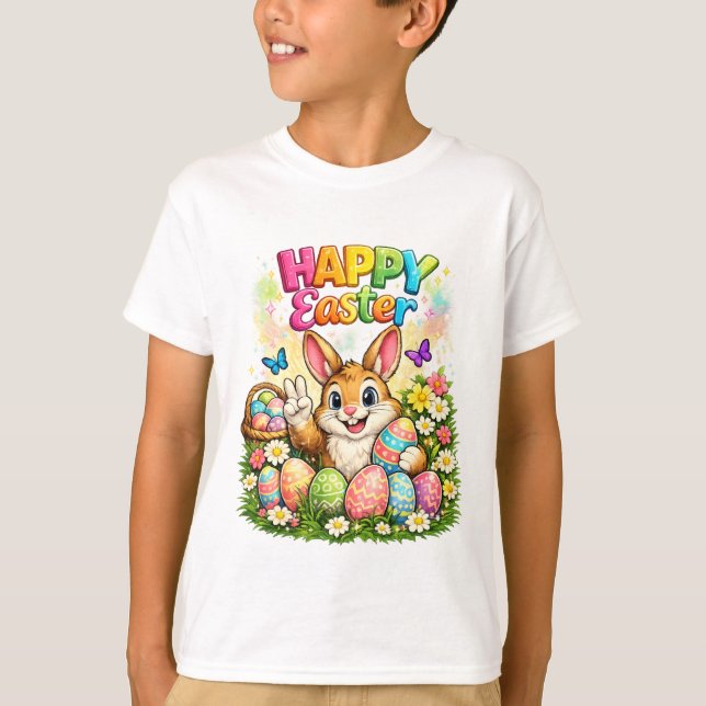 Cute Happy Easter Bunny Peace Sign Graphic T-Shirt (Frente)