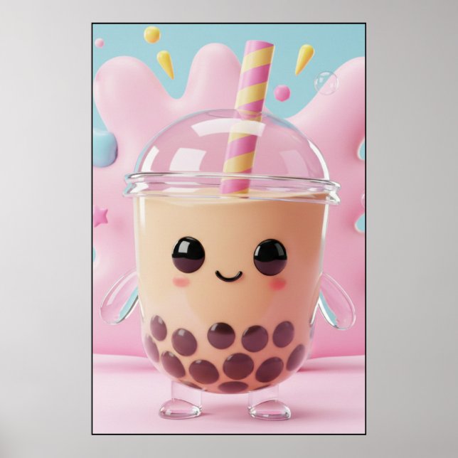 Cute Kawaii Bubble Tea Character Poster (Frente)
