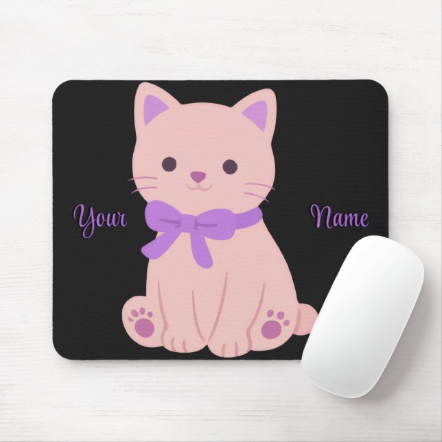 Cute Kawaii Gato Sentado com Laço Roxo Mousepad Pe (Com mouse)