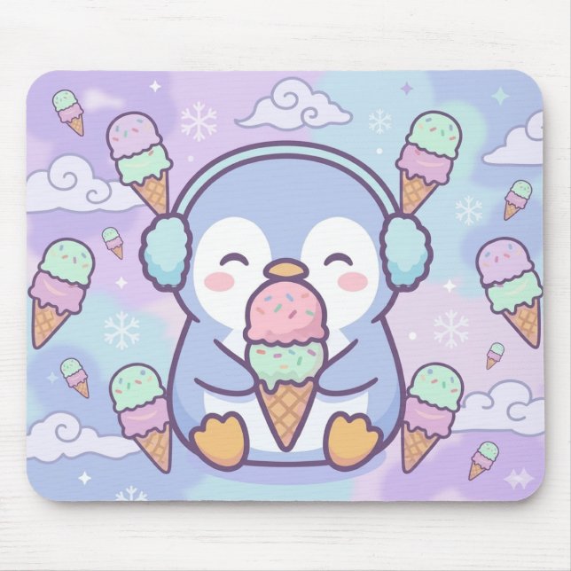 Cute Kawaii Penguin with Ice Cream Mouse Pad (Frente)