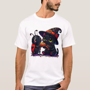 Cute Ladybug e Gato Preto Camiseta Clássica de Hal