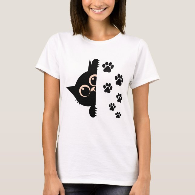 Cute Peeking Cat T-Shirt with Paw Prints (Frente)