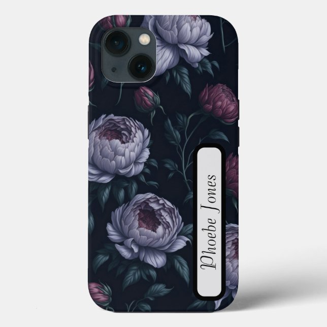 Cute Personalised Peonies Black Apple iPhone 13 ca (Verso)