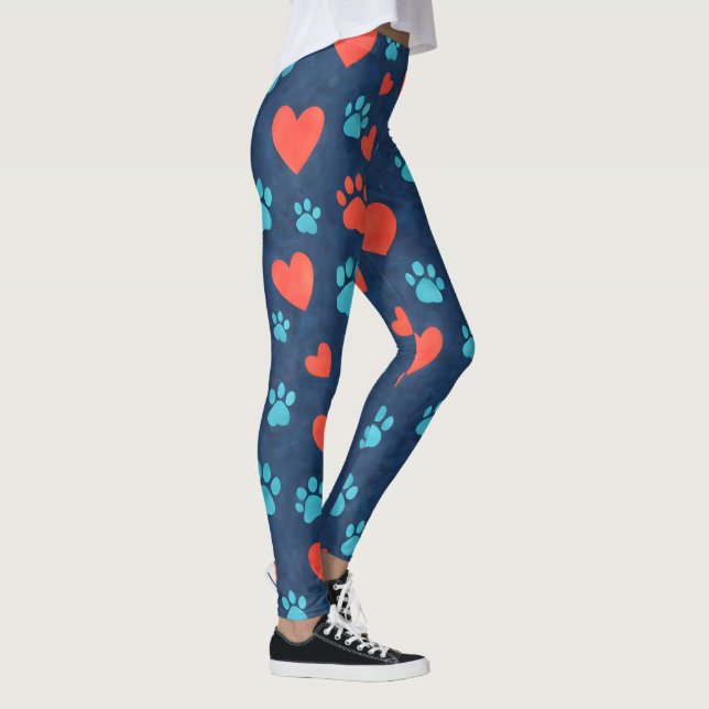 Cute Pet Paws & Hearts Pattern Leggings Watercolor (Direita)