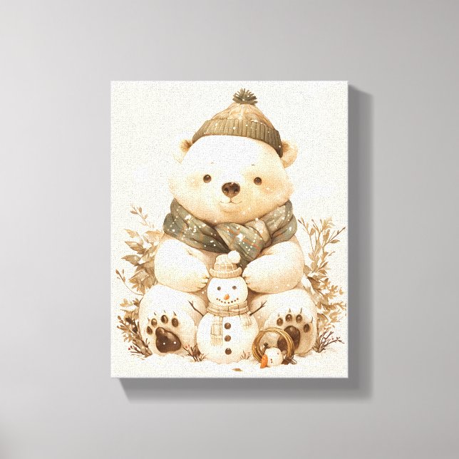 Cute Polar Bear With Snowman Canvas Nursery Decor (Frente)