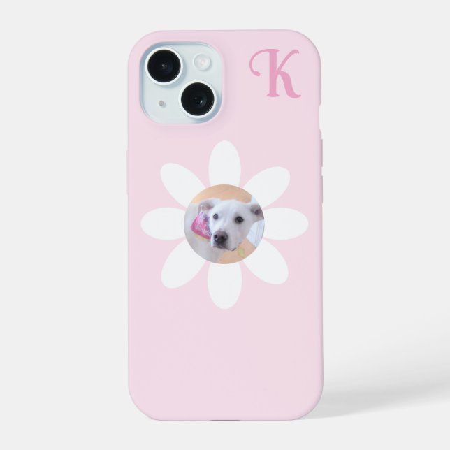 Cute Puppy Dog Photo Pink Flower Girl's Initial (Verso)