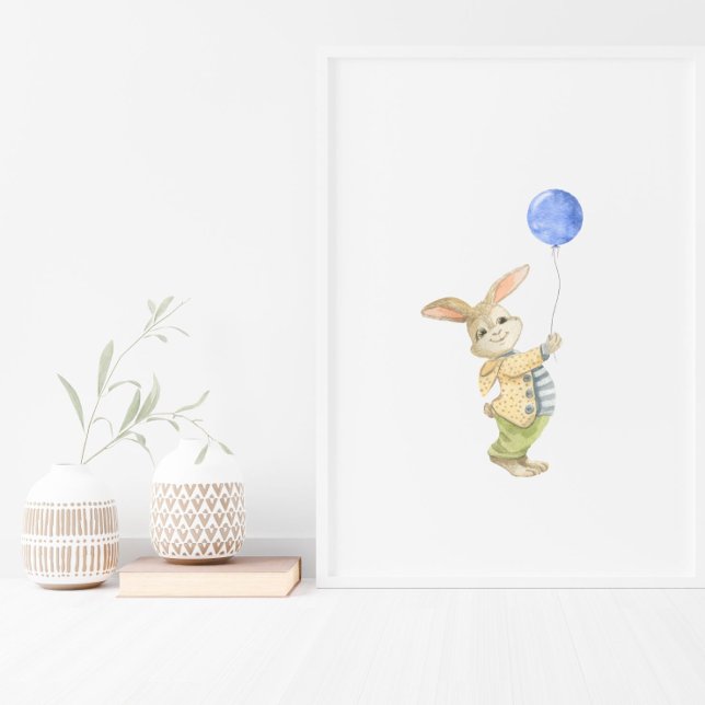 Cute Rabbit With Blue Balloon Nursery Poster (Criador carregado)