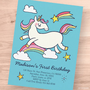 Cute Rainbow Unicorn Stars Birthday Convite