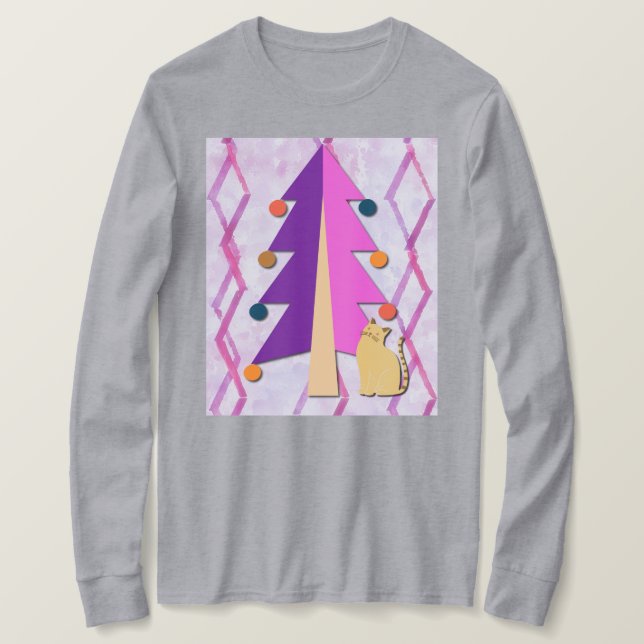 Cute Retro Christmas Tree and Cat Art on T-Shirt (Frente do Design)