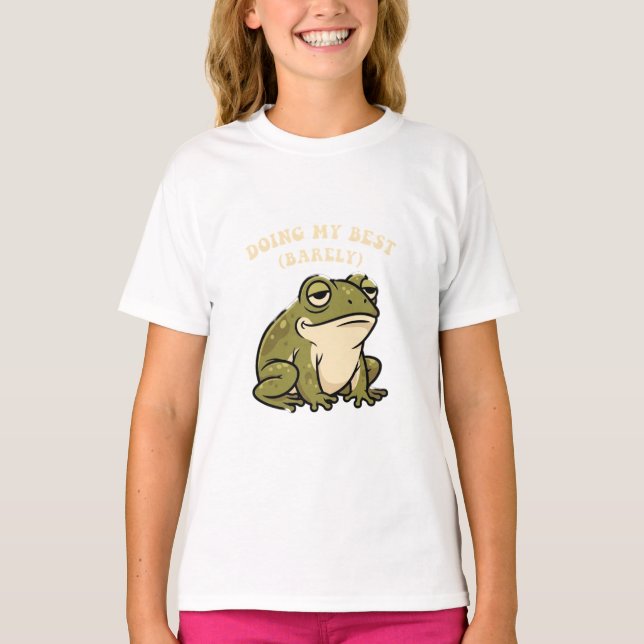 Cute Retro Frog Barely Trying Girls T-Shirt (Frente)