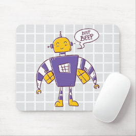 Cute Retro Robot "Beep Beep" Grid Mouse Pad em Por