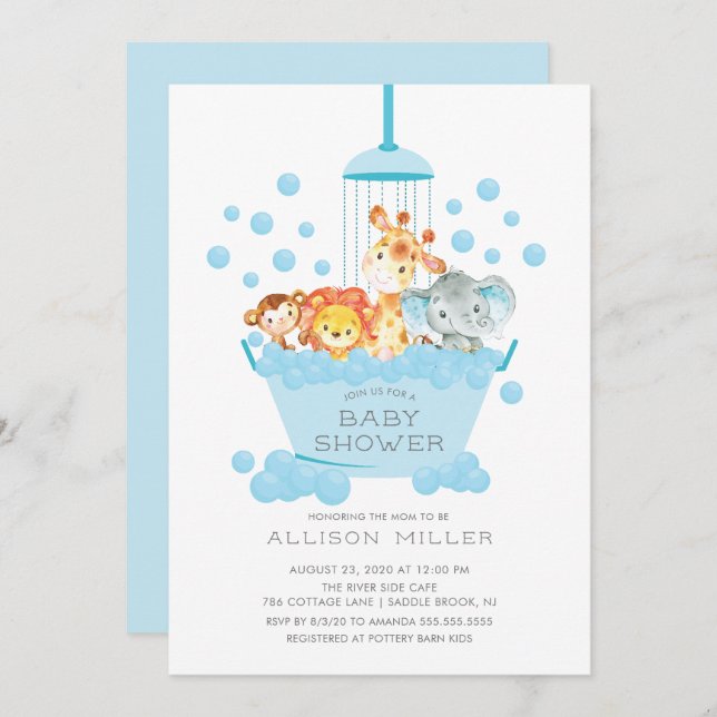 Cute Safari Animal Chá Boys Convite Para Bebê (Frente/Verso)