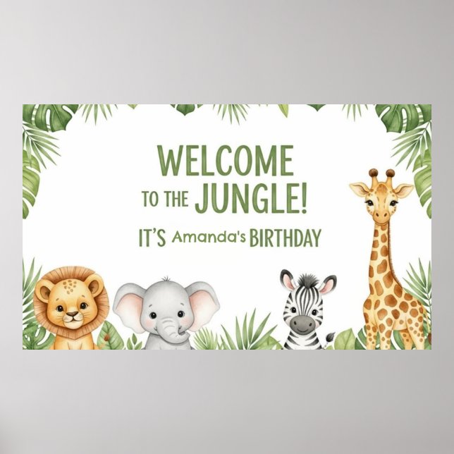 Cute Safari Baby Animals Welcome Birthday Poster (Frente)