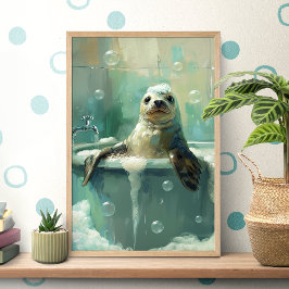Cute Seal in Bubble Bath Poster