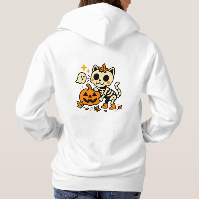 Cute Skeleton Cat with Pumpkin T-Shirt (Verso)