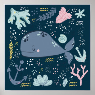 Cute Sleeping Whale Underwater Doodle Poster