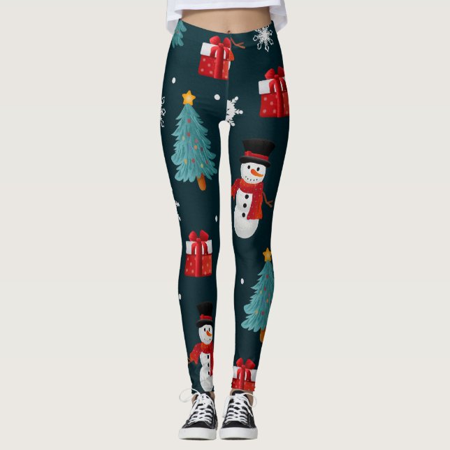 Cute Snowman and Christmas Tree Pattern Leggings (Frente)