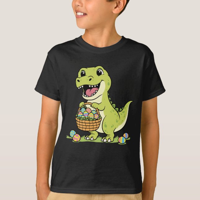 Cute T-Rex Dinosaur Easter Egg Basket Kids T-Shirt (Frente)