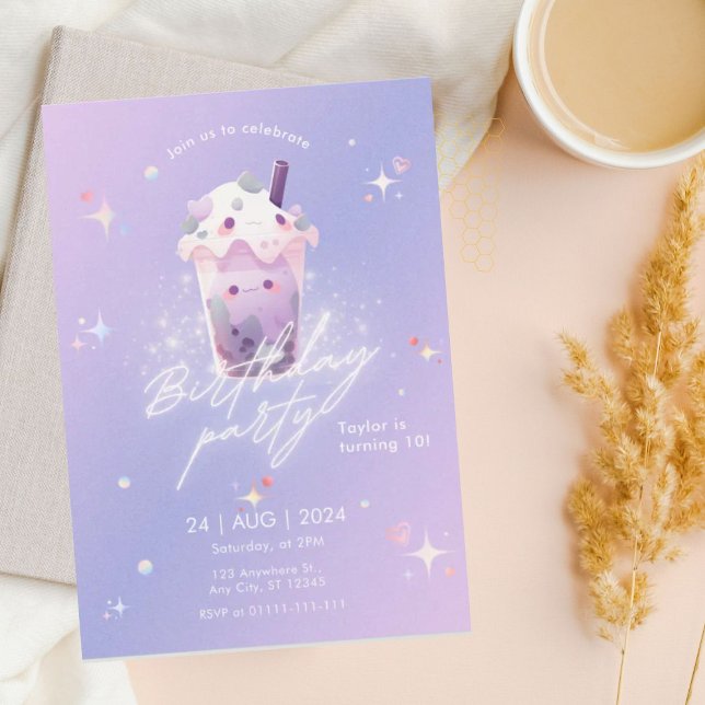 Cute Taro Boba Tea Girl Convite Para Aniversário (Criador carregado)