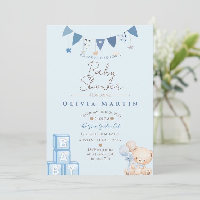 Cute Teddy Bear & Balloons Baby Shower Invitation (Em pé/Frente)