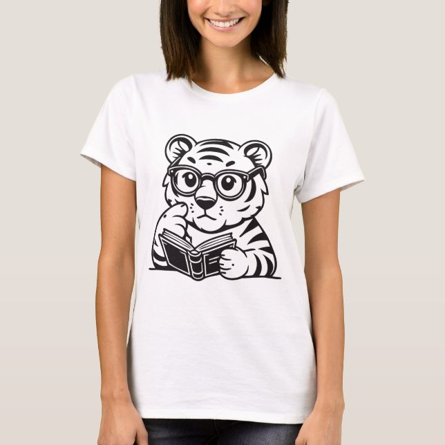 Cute Tiger Reading a Book T-Shirt – Adorable Book  (Frente)
