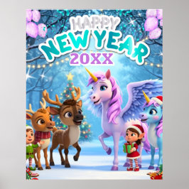 Cute Unicorn & Reindeer New Year Poster for Kids