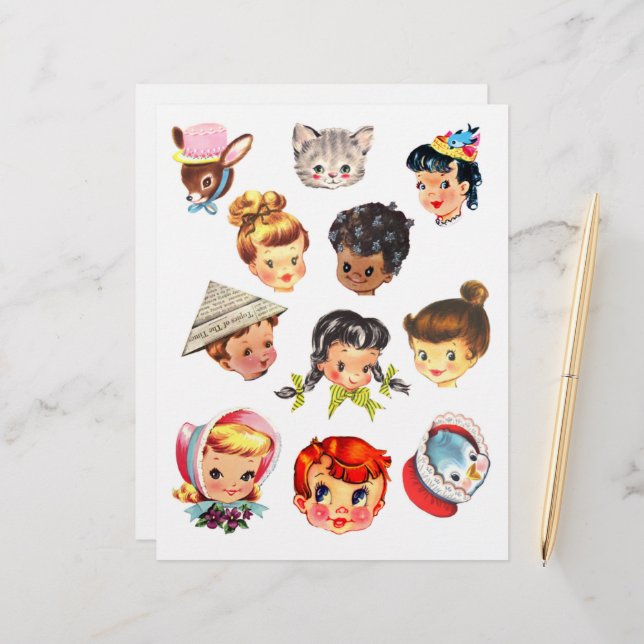 Cute Vintage Kids Heads Clipart Sheet (Frente/Verso In Situ)