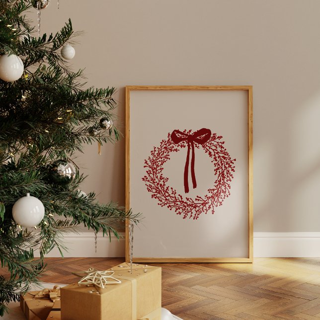 Cute Watercolor Red Wreath Christmas Poster (Christmas print with berry branches and tied ribbon. Watercolor red wreath poster.)