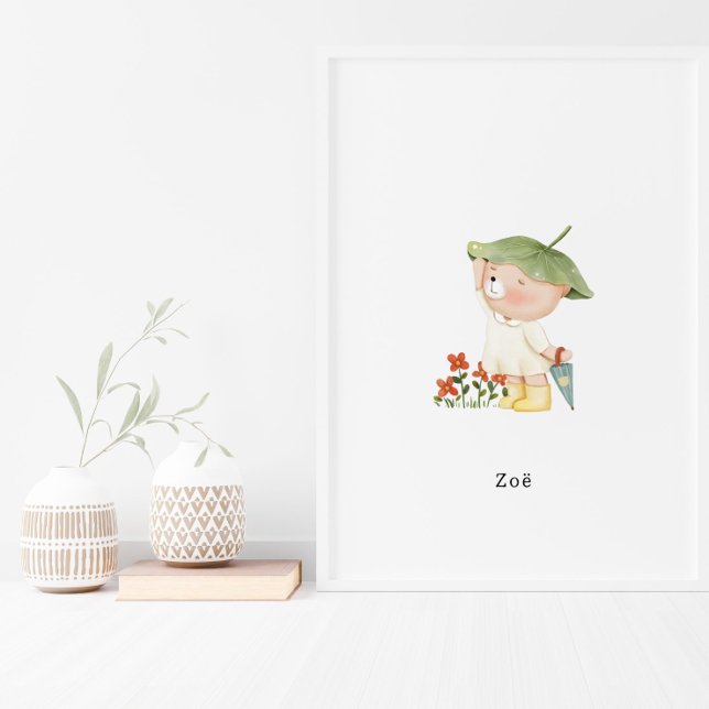 Cute Watercolour Bear With Umbrella Name Poster (Criador carregado)