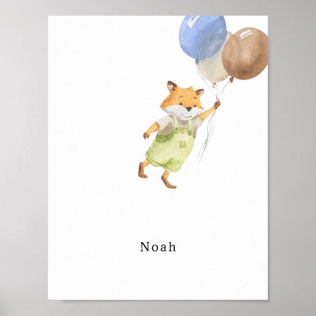 Cute Watercolour Fox With Balloons Name Poster (Frente)