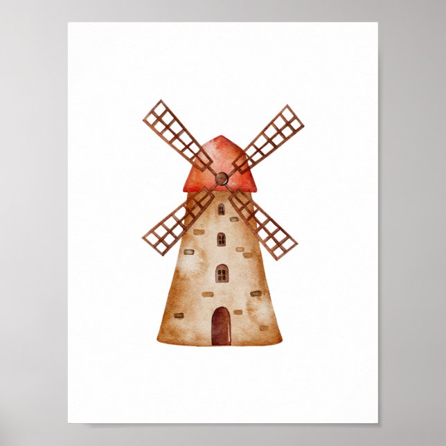 Cute Watercolour Mill Farm Windmill Poster (Frente)