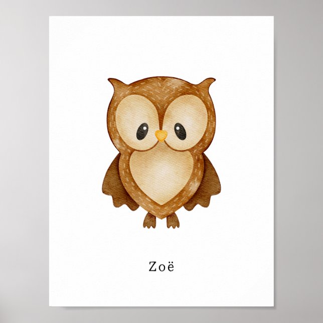 Cute Watercolour Owl Forest Animal Name Poster (Frente)